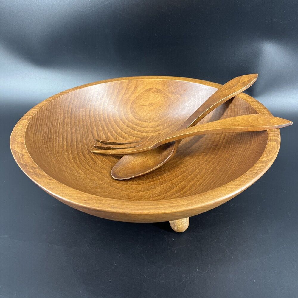 Vintage Footed Wood Salad Bowl Fork Spoon Set By Woodcraftery Made In USA